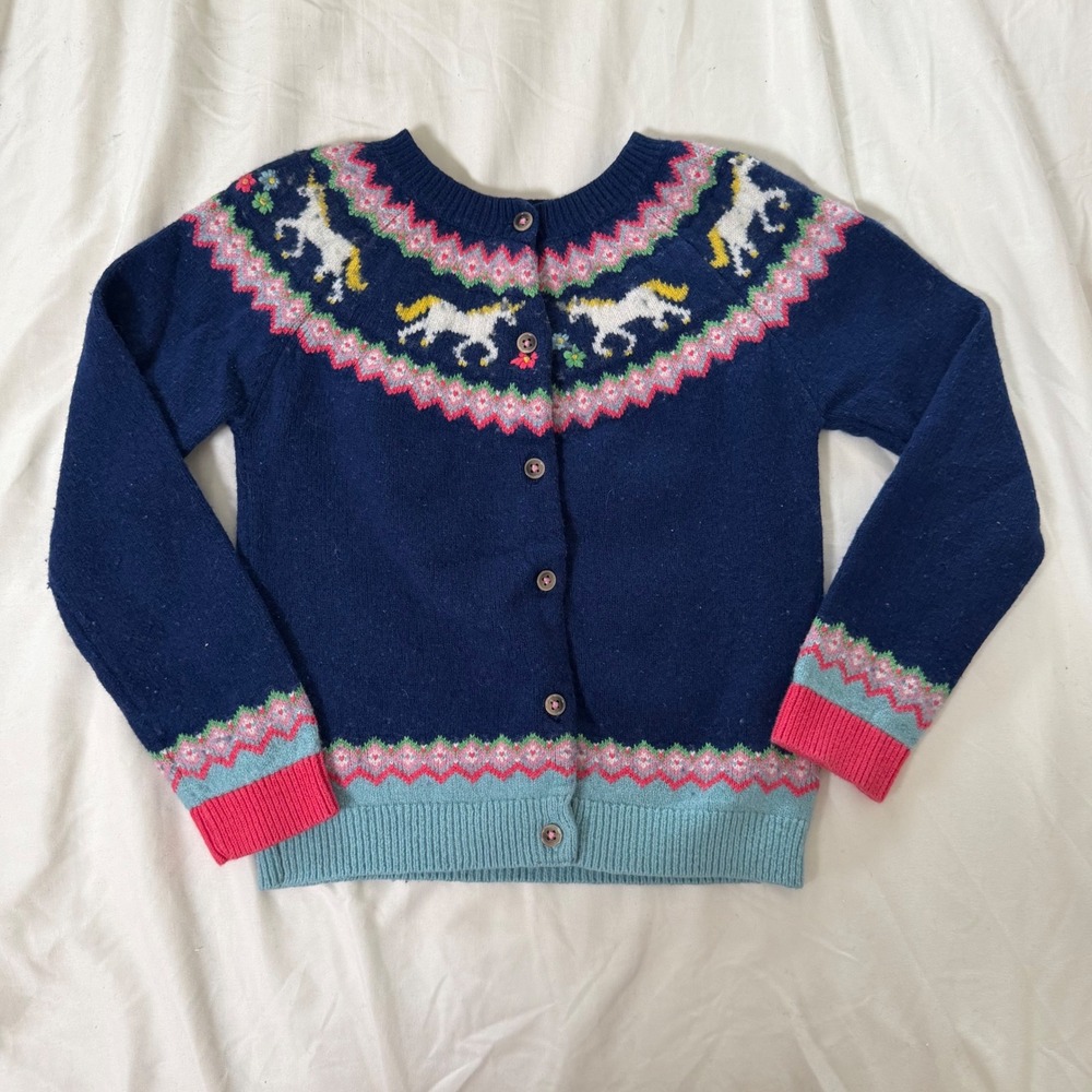 Mini Boden Girls Unicorn Fair Isle Cardigan Sweater Navy Blue 7-8Y